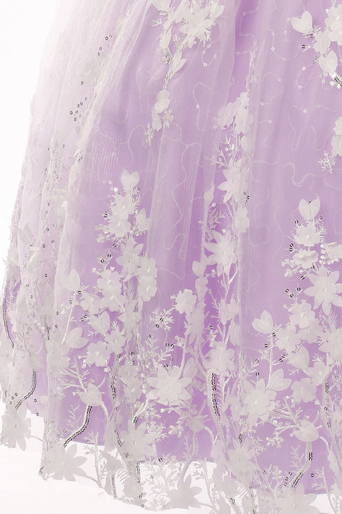 Little Girls Lilac 3D Floral Applique Lace Sequin Flower Girl Dress 2-6